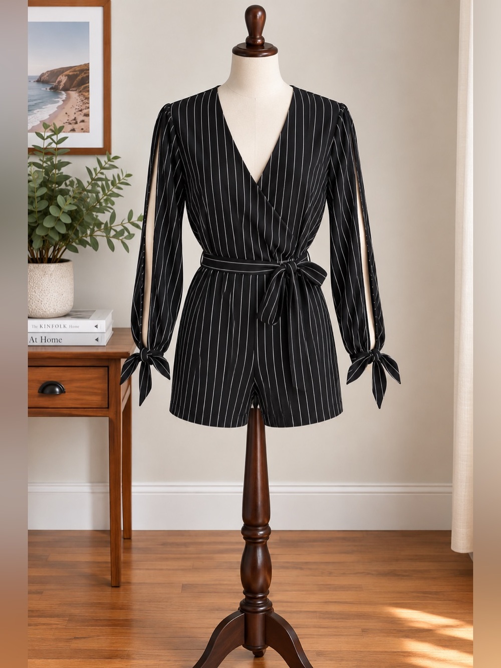 Dynamite Black Pinstripe Wrap Romper Small Office Siren Corporate Chic